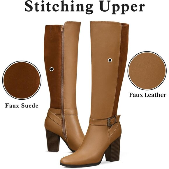 Women's Heeled Brown Knee High Boots Zip Up Chunky Heel Tall Boots for Womens - Picture 4 of 8